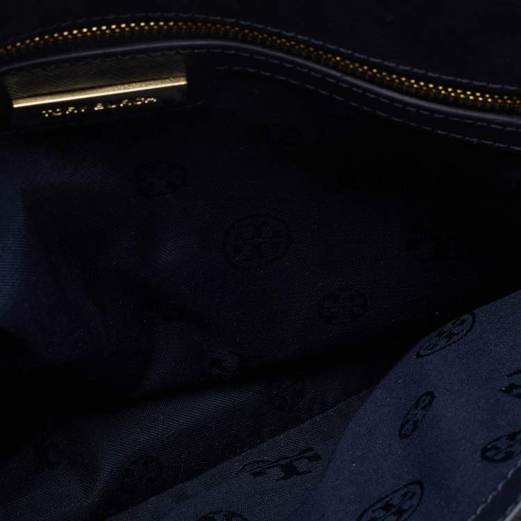 Pre Owned Tory Burch White/Blue Woven Leather Robinson Dome Satchel