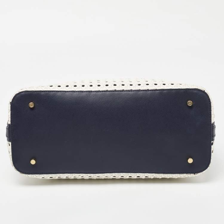 Pre Owned Tory Burch White/Blue Woven Leather Robinson Dome Satchel