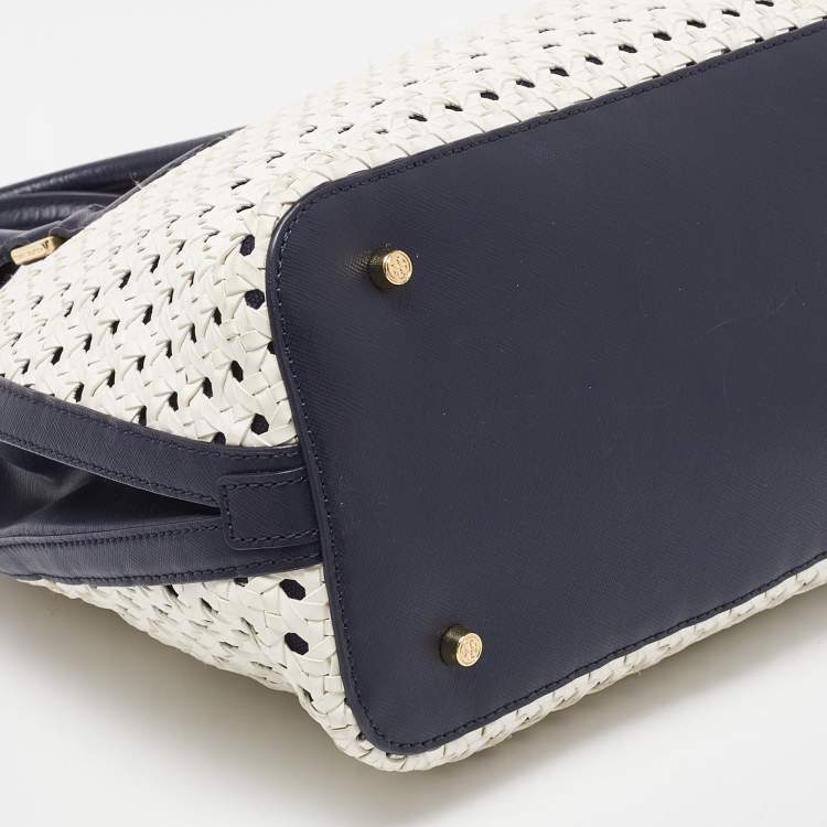 Pre Owned Tory Burch White/Blue Woven Leather Robinson Dome Satchel