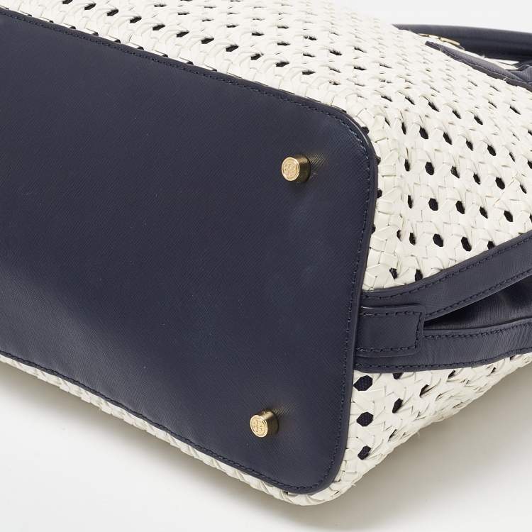 Pre Owned Tory Burch White/Blue Woven Leather Robinson Dome Satchel