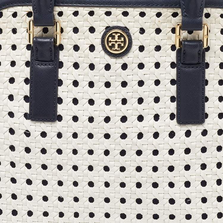 Pre Owned Tory Burch White/Blue Woven Leather Robinson Dome Satchel