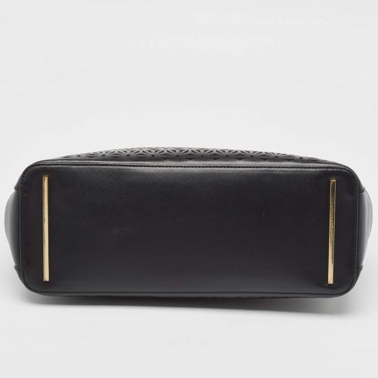 Pre Owned Tory Burch Black Laser Cut Saffiano Leather Double Zip Robinson Tote