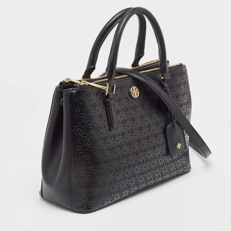 Pre Owned Tory Burch Black Laser Cut Saffiano Leather Double Zip Robinson Tote