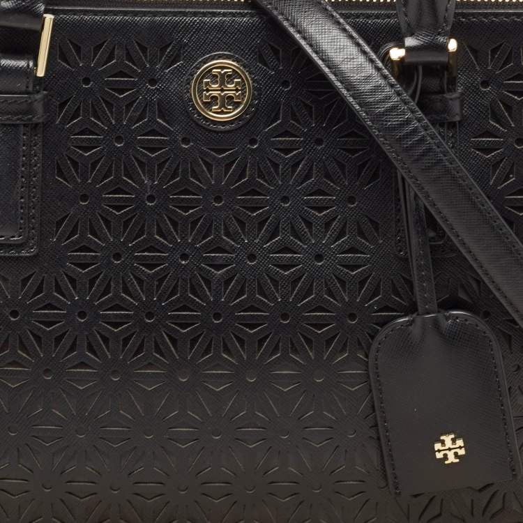 Pre Owned Tory Burch Black Laser Cut Saffiano Leather Double Zip Robinson Tote