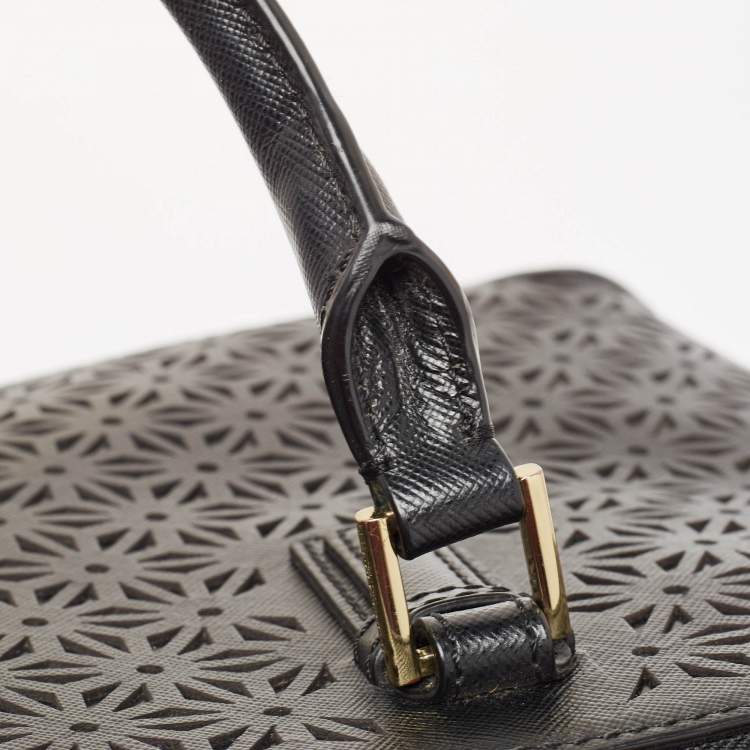 Pre Owned Tory Burch Black Laser Cut Saffiano Leather Double Zip Robinson Tote