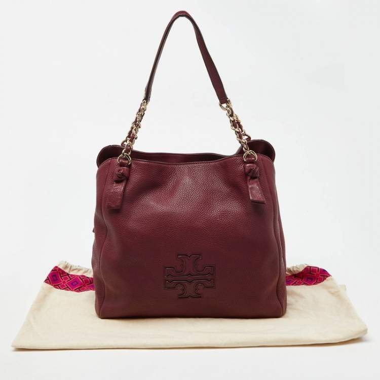 Pre Owned Tory Burch Burgundy Leather Chain Tote