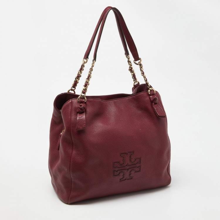 Pre Owned Tory Burch Burgundy Leather Chain Tote
