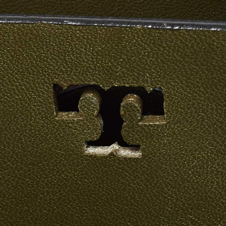 Pre Owned Tory Burch Olive Green Leather Mini Block-T Top Handle Bag