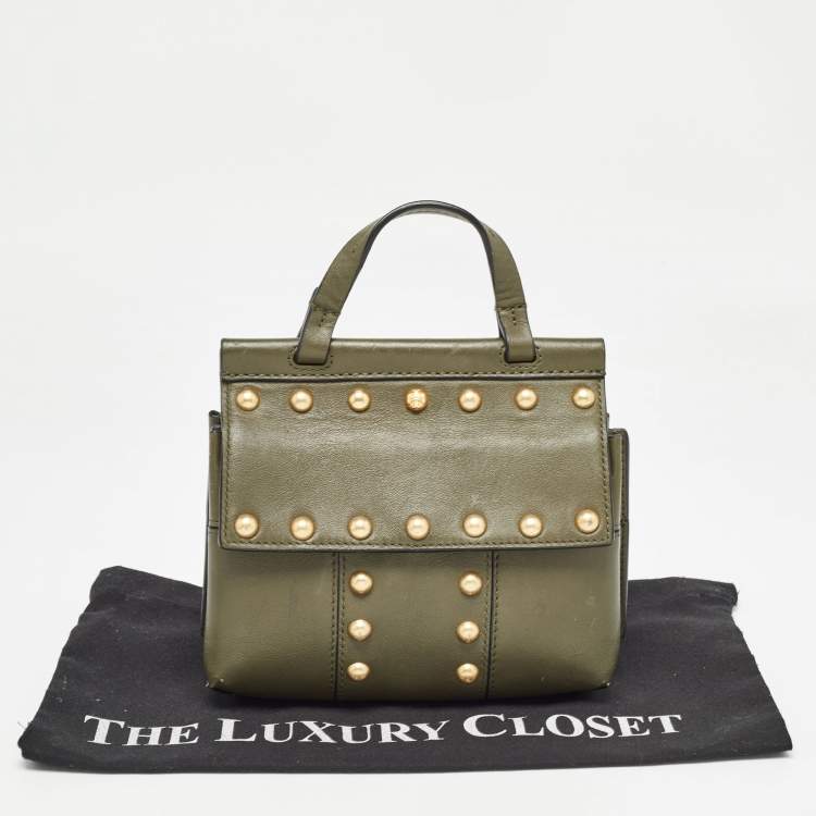 Pre Owned Tory Burch Olive Green Leather Mini Block-T Top Handle Bag