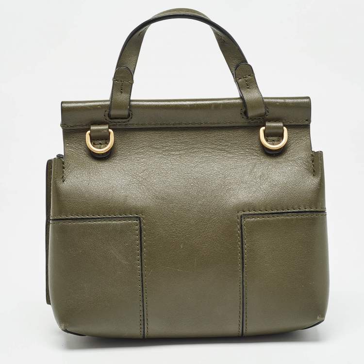 Pre Owned Tory Burch Olive Green Leather Mini Block-T Top Handle Bag