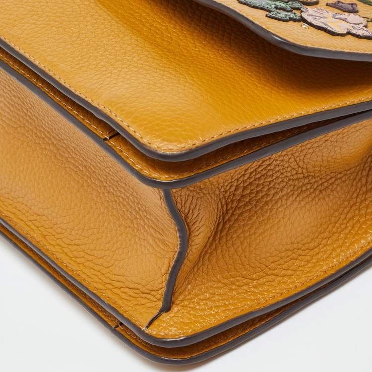Pre Owned Tory Burch Mustard Leather Britten Floral Applique Flap Bag