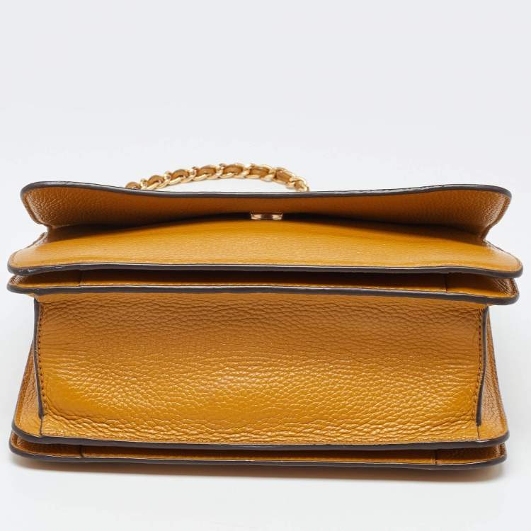 Pre Owned Tory Burch Mustard Leather Britten Floral Applique Flap Bag