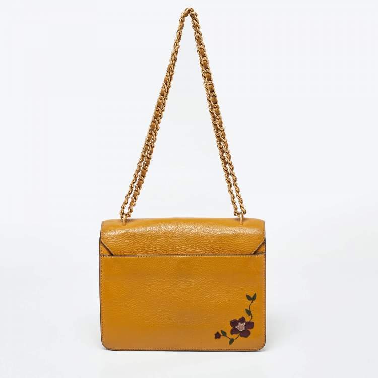 Pre Owned Tory Burch Mustard Leather Britten Floral Applique Flap Bag