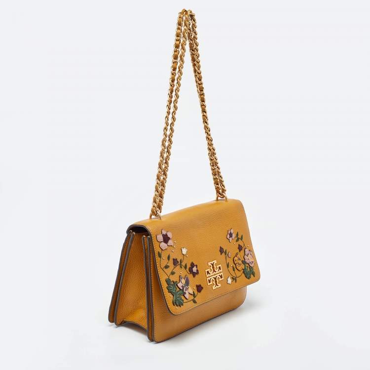Pre Owned Tory Burch Mustard Leather Britten Floral Applique Flap Bag