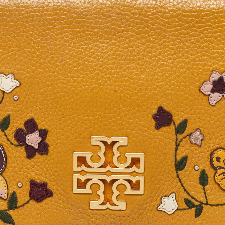 Pre Owned Tory Burch Mustard Leather Britten Floral Applique Flap Bag
