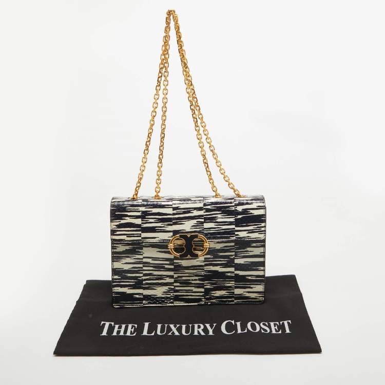 Pre Owned Tory Burch Navy Blue/White Python Embossed Leather Gemini Link Shoulder Bag