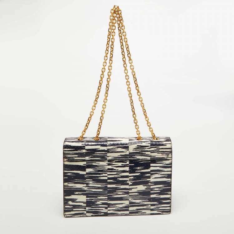 Pre Owned Tory Burch Navy Blue/White Python Embossed Leather Gemini Link Shoulder Bag