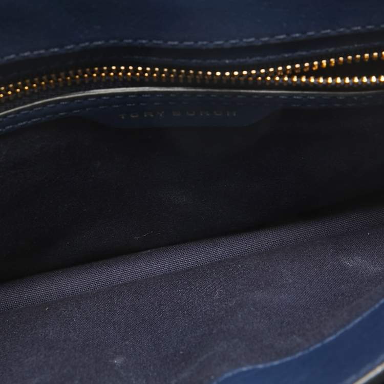 Pre Owned Tory Burch Navy Blue/White Python Embossed Leather Gemini Link Shoulder Bag