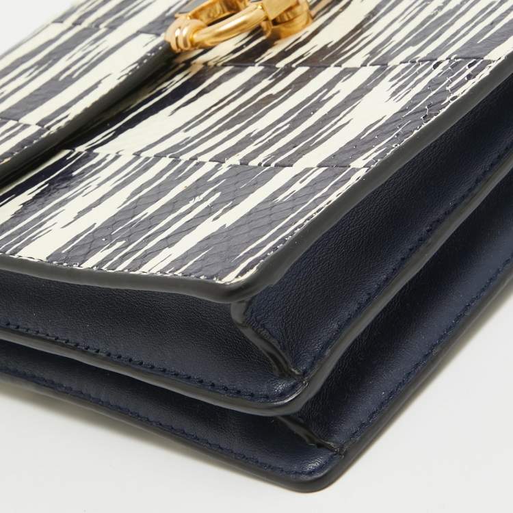 Pre Owned Tory Burch Navy Blue/White Python Embossed Leather Gemini Link Shoulder Bag