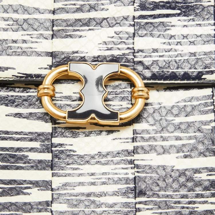 Pre Owned Tory Burch Navy Blue/White Python Embossed Leather Gemini Link Shoulder Bag