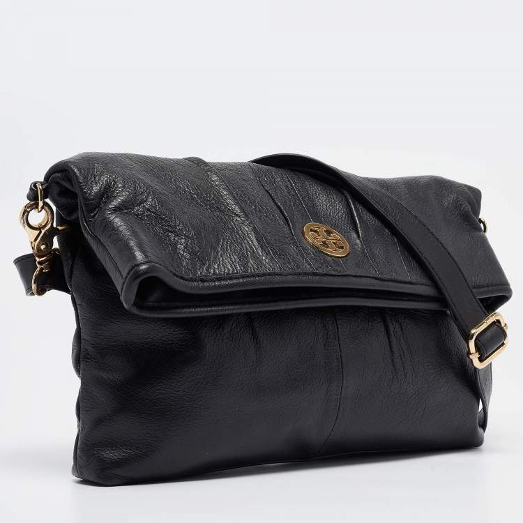 Pre Owned Tory Burch Black Leather Fold Over Shoulder Bag