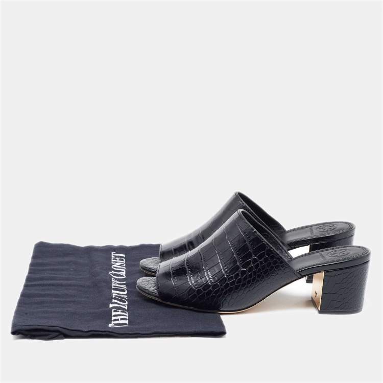 Pre Owned Tory Burch Black Croc Embossed Leather Mules Size 38