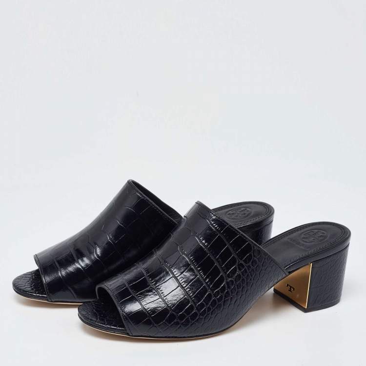 Pre Owned Tory Burch Black Croc Embossed Leather Mules Size 38