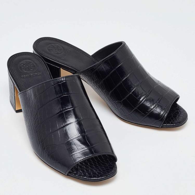 Pre Owned Tory Burch Black Croc Embossed Leather Mules Size 38