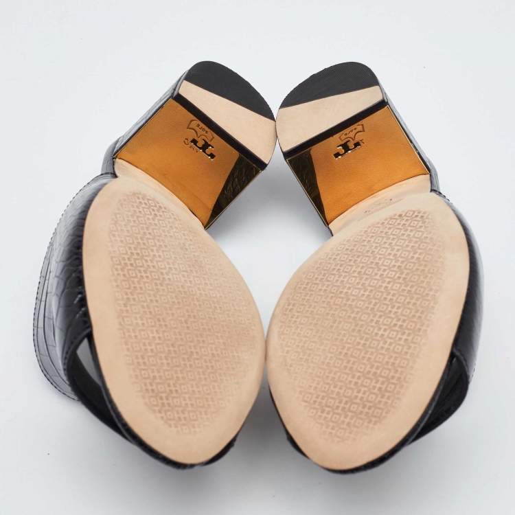 Pre Owned Tory Burch Black Croc Embossed Leather Mules Size 38