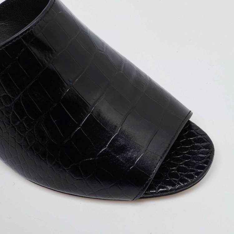 Pre Owned Tory Burch Black Croc Embossed Leather Mules Size 38