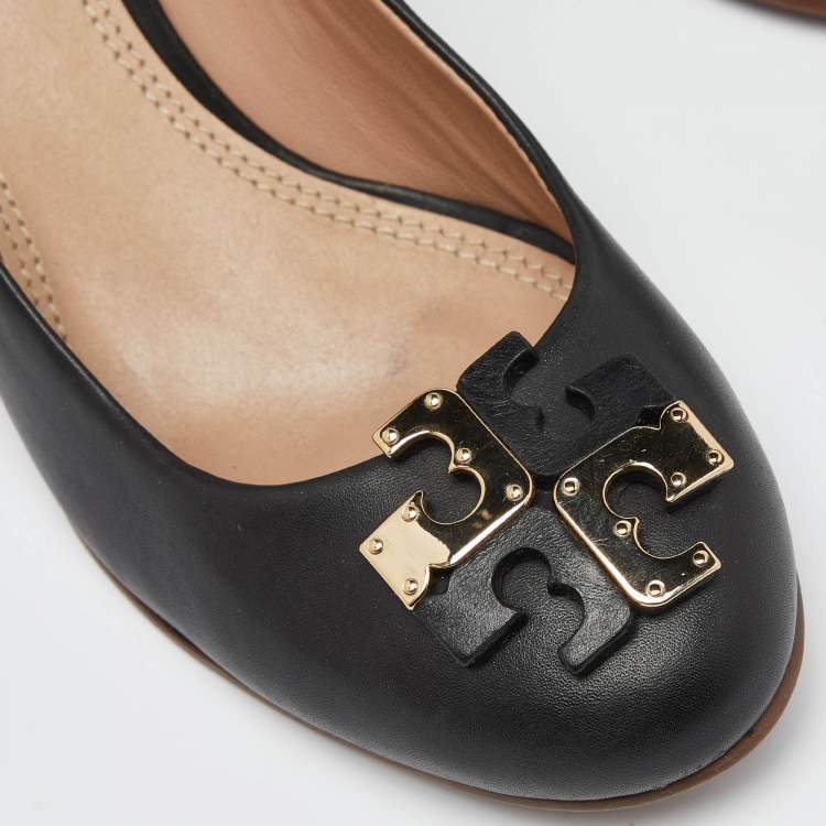 Pre Owned Tory Burch Black Leather Metal Logo Wedge Pumps Size 37.5