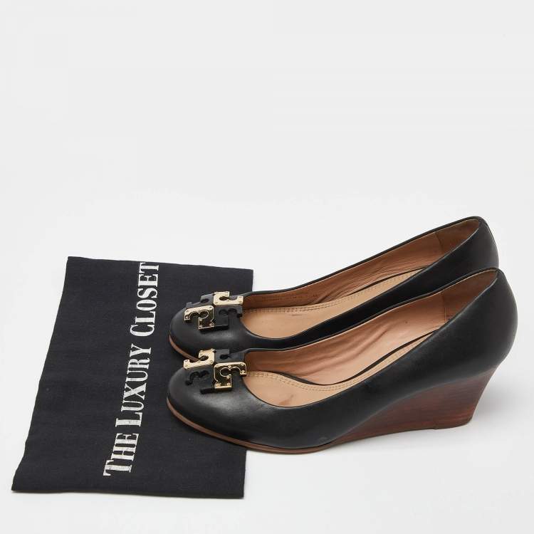 Pre Owned Tory Burch Black Leather Metal Logo Wedge Pumps Size 37.5