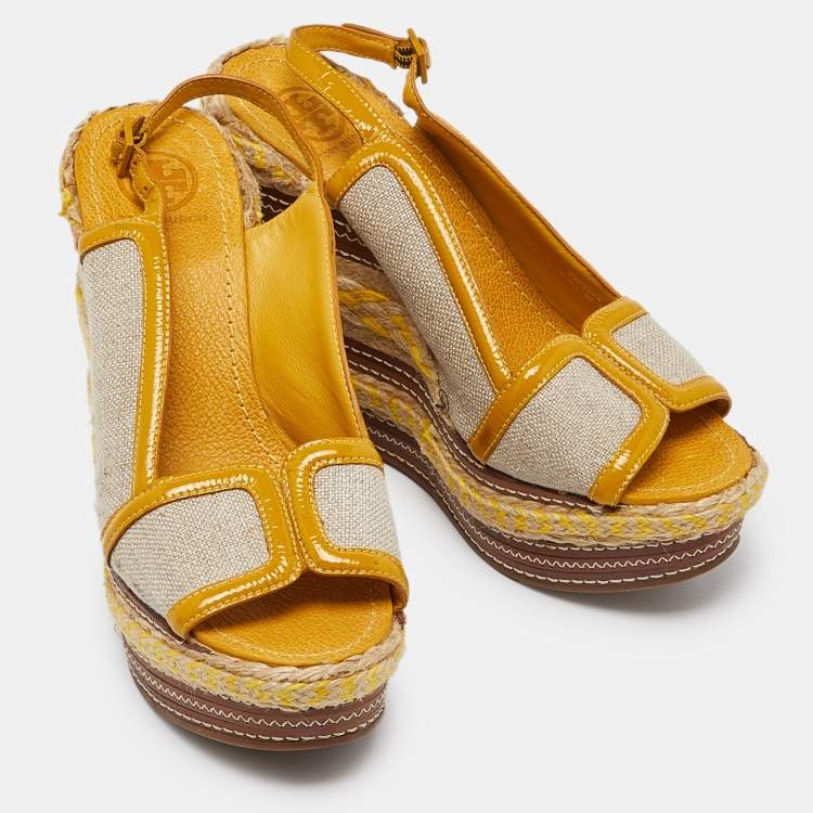 Pre Owned Tory Burch Yellow/Beige Canvas and Patent Leather Espadrille Wedge Platform Slingback Sandals Size 40