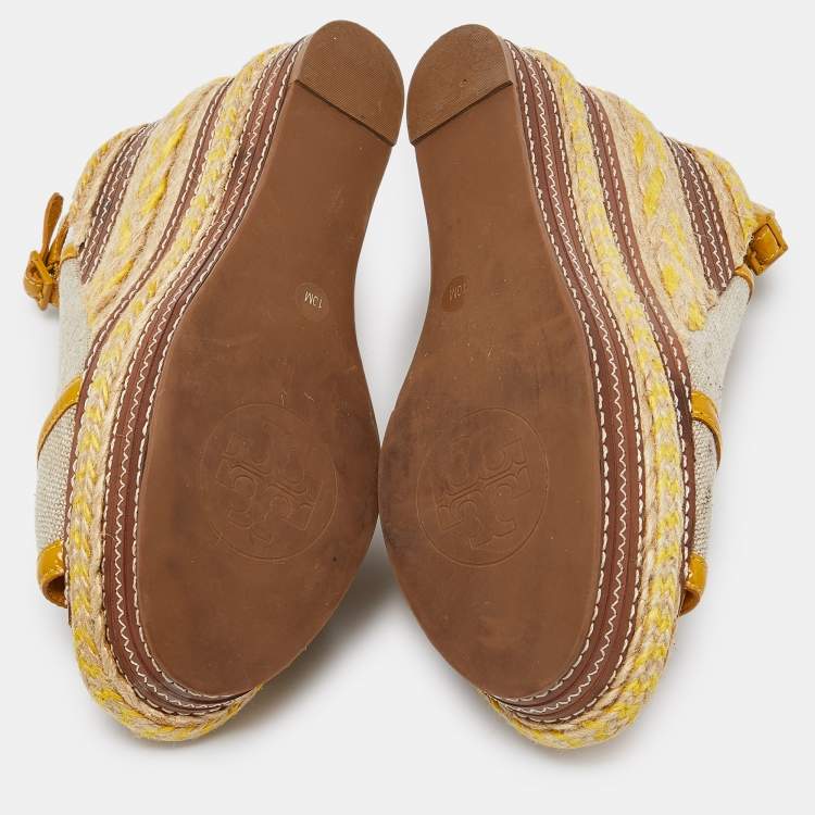 Pre Owned Tory Burch Yellow/Beige Canvas and Patent Leather Espadrille Wedge Platform Slingback Sandals Size 40