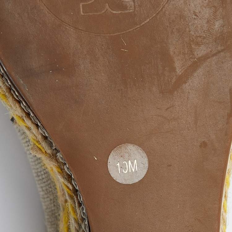 Pre Owned Tory Burch Yellow/Beige Canvas and Patent Leather Espadrille Wedge Platform Slingback Sandals Size 40