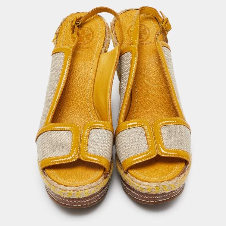 Pre Owned Tory Burch Yellow/Beige Canvas and Patent Leather Espadrille Wedge Platform Slingback Sandals Size 40