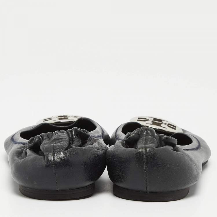 Pre Owned Tory Burch Navy Blue Leather Reva Ballet Flats Size 41.5