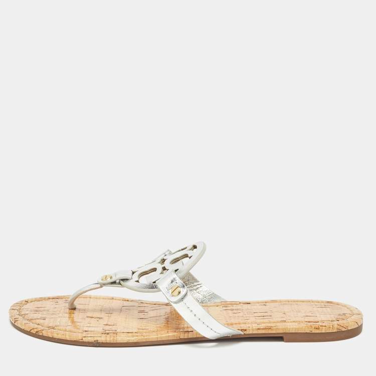 Pre Owned Tory Burch Silver Leather Miller Flat Sandals Size 39