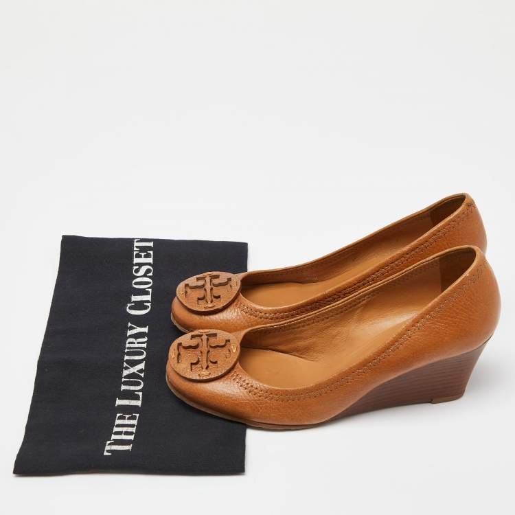 Pre Owned Tory Burch Brown Leather Sally Wedge Pumps Size 37