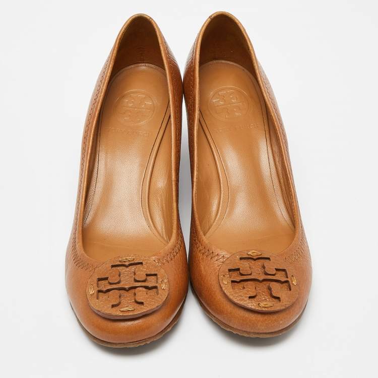 Pre Owned Tory Burch Brown Leather Sally Wedge Pumps Size 37