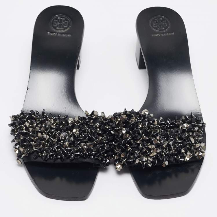 Pre Owned Tory Burch Black Satin Logan Embellished Slide Sandals Size 40.5