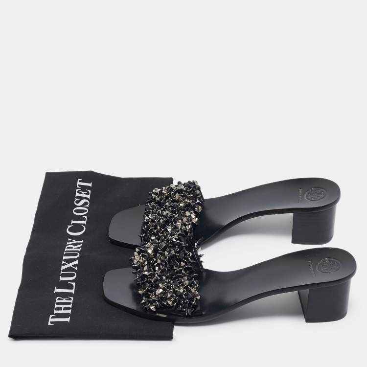 Pre Owned Tory Burch Black Satin Logan Embellished Slide Sandals Size 40.5
