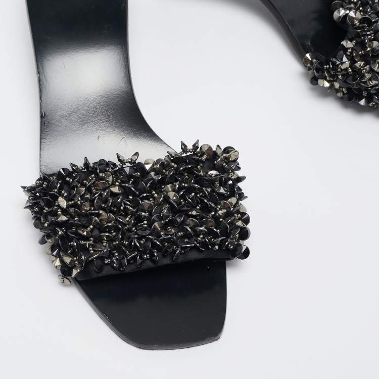 Pre Owned Tory Burch Black Satin Logan Embellished Slide Sandals Size 40.5