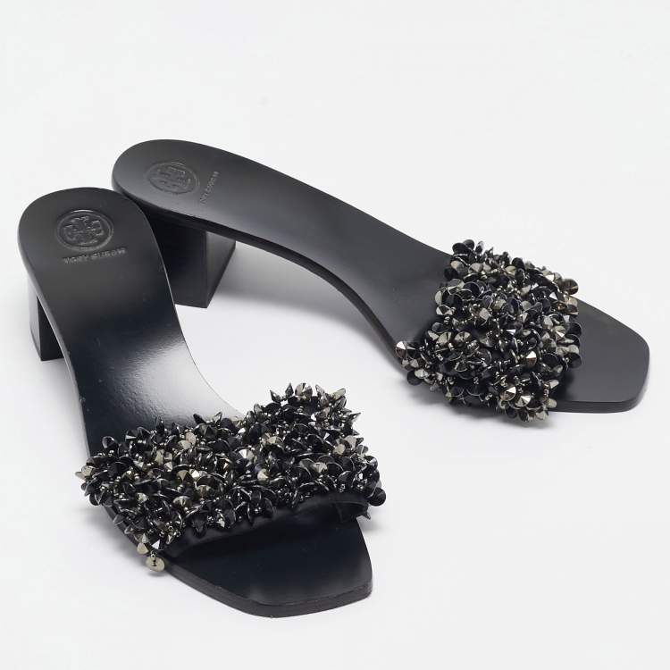 Pre Owned Tory Burch Black Satin Logan Embellished Slide Sandals Size 40.5
