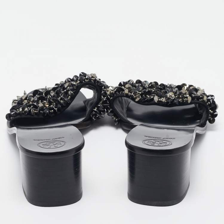 Pre Owned Tory Burch Black Satin Logan Embellished Slide Sandals Size 40.5