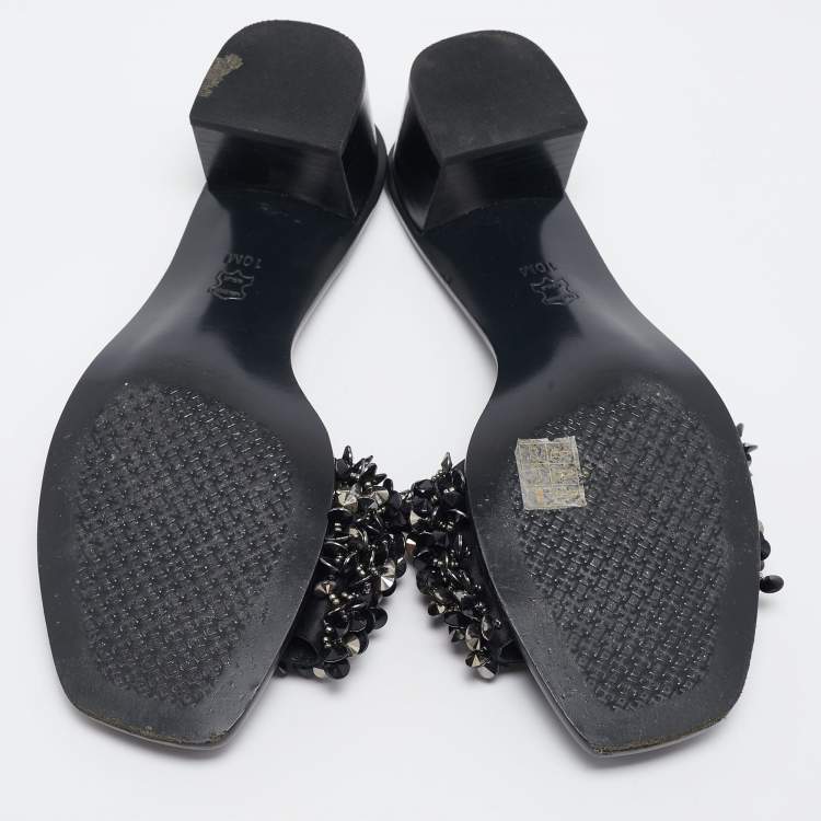 Pre Owned Tory Burch Black Satin Logan Embellished Slide Sandals Size 40.5