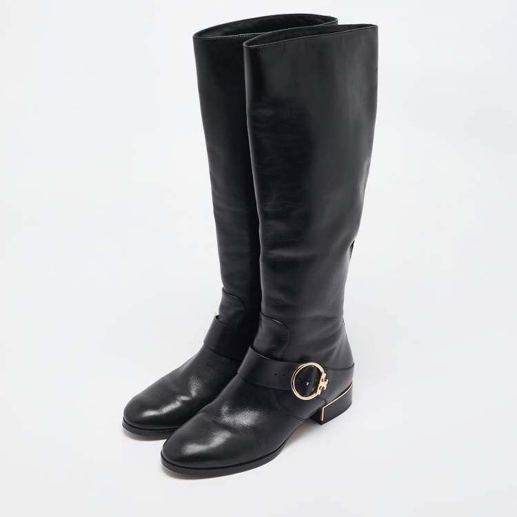 Pre Owned Tory Burch Black Leather knee Length Boots Size  39.5