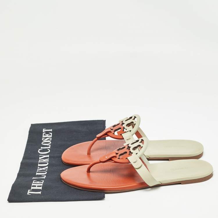 Pre Owned Tory Burch Orange/Grey Leather Miller Thong Flats Size 38.5 