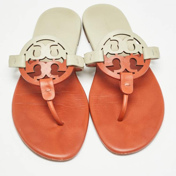 Pre Owned Tory Burch Orange/Grey Leather Miller Thong Flats Size 38.5 