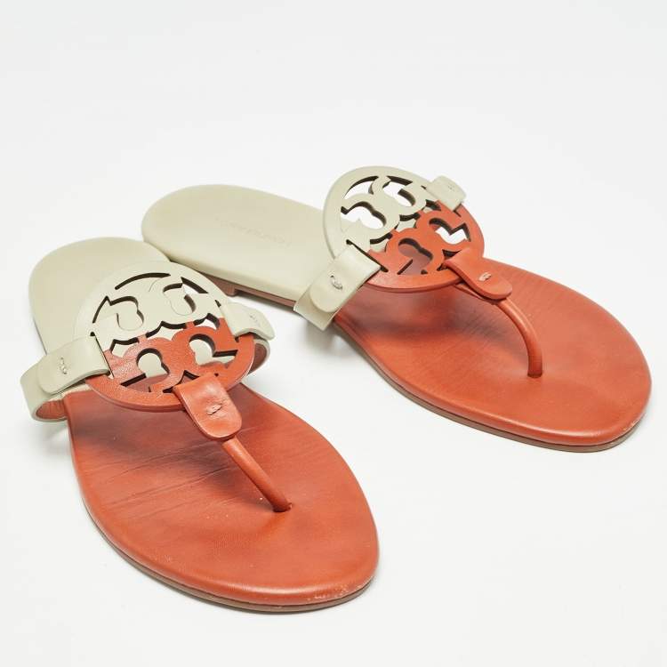 Pre Owned Tory Burch Orange/Grey Leather Miller Thong Flats Size 38.5 